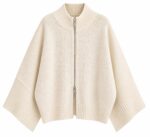Beige Zip Front Ribbed Knit Cardigan