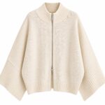 Beige Zip Front Ribbed Knit Cardigan