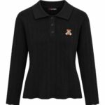 La Pomme Black Knit Polo Sweater With Bear