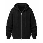 Black Ribbed Knit Zip Hoodie