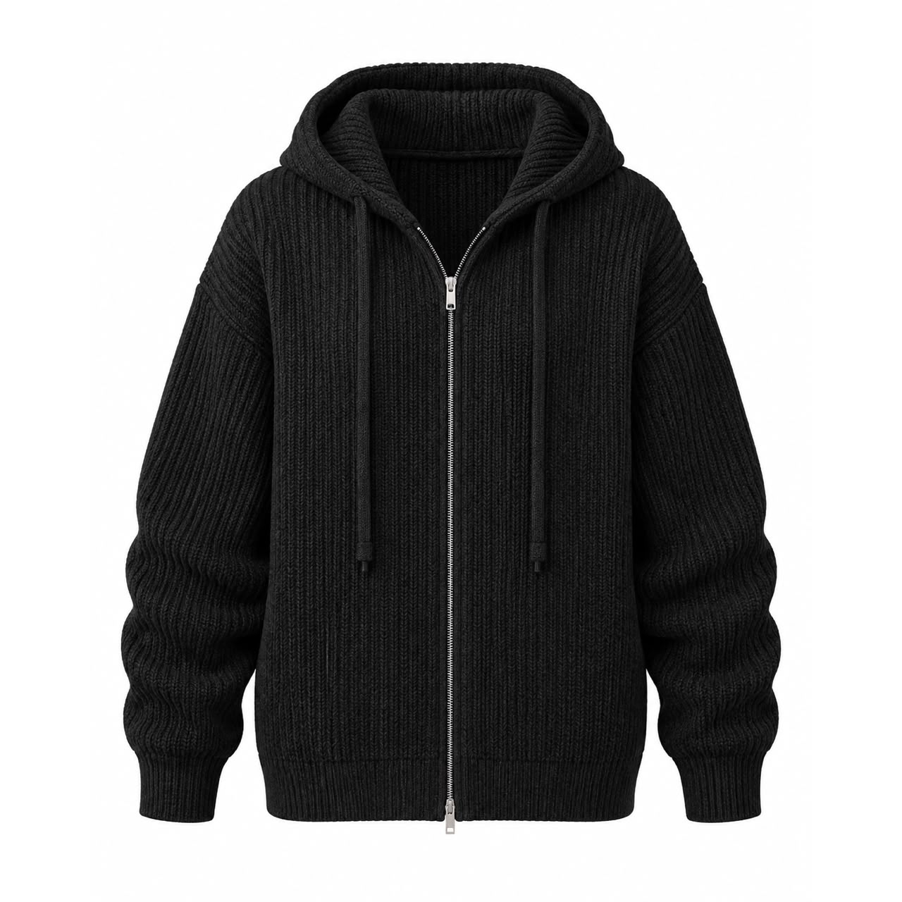 60a89a15-cc5d-4425-b2dd-e7818f491376 Black Ribbed Knit Zip Hoodie - Image 1