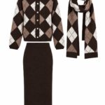 Argyle Knit Cardigan Skirt and Scarf Set