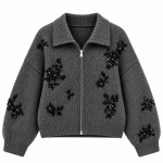Gray Beaded Zip Up Cardigan