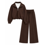 Brown Half-Zip Sweatshirt and Wide-Leg Sweatpants Set