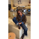 Brown Knit Cardigan With Denim Trim - Image 2