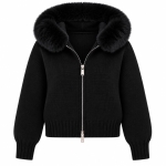Black Knit Zip Jacket With Faux Fur Hood