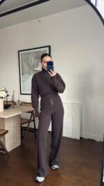 Brown Knit Zip Jacket and Pants Set - Image 3