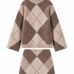 Beige Brown Argyle Knit Sweater Skirt Set