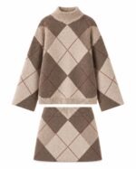 Beige Brown Argyle Knit Sweater Skirt Set
