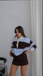 Blue and Brown Striped Polo Sweater - Image 3