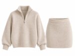 Beige Knit Half Zip Sweater Skirt Set
