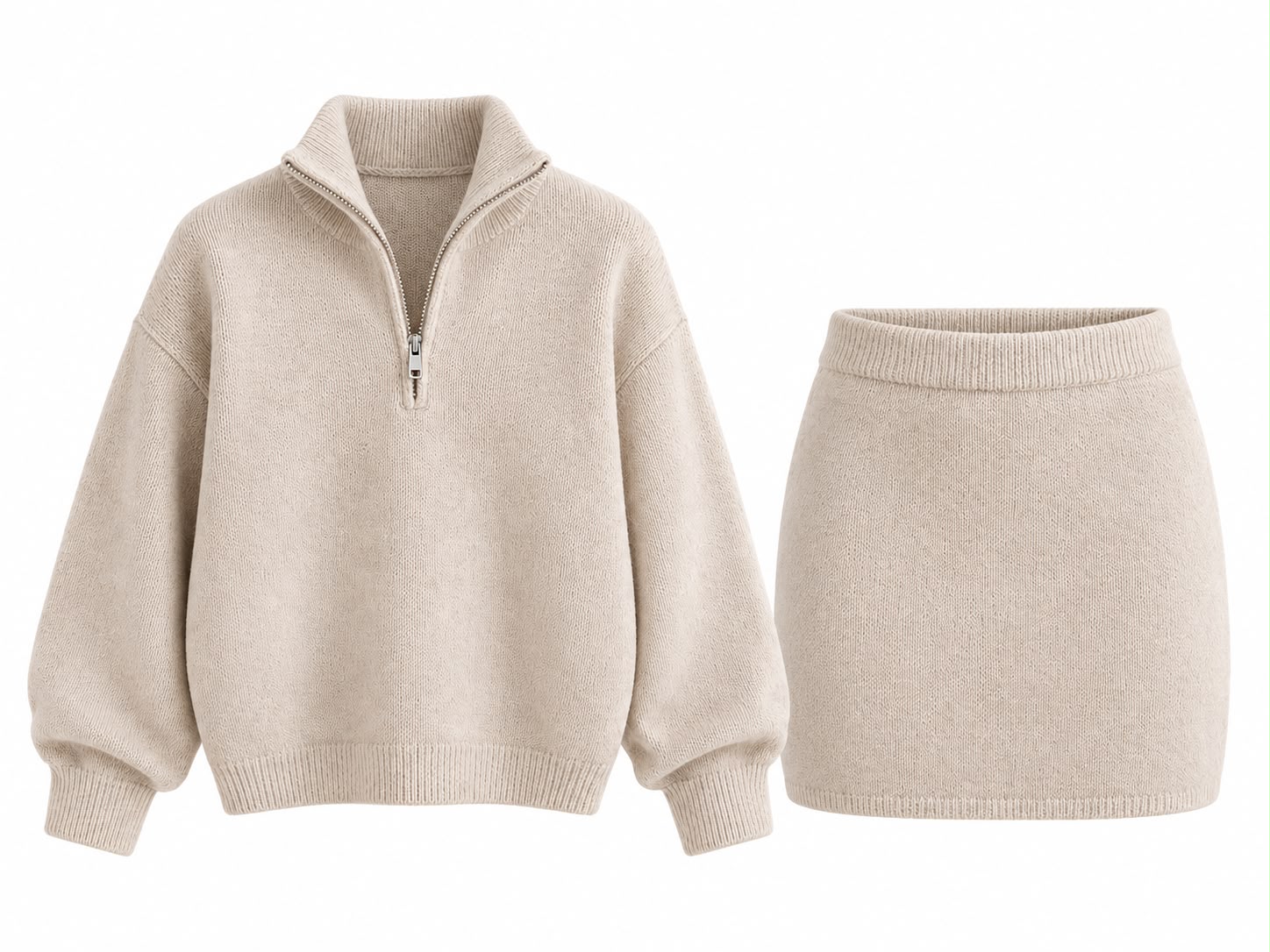 Beige Knit Half Zip Sweater Skirt Set