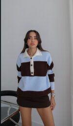 Blue and Brown Striped Polo Sweater - Image 2