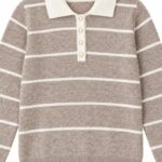 Beige Striped Knit Polo Sweater