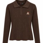 Brown Ribbed Polo Sweater With Bear Patch