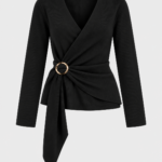 Black Wrap Blouse With Gold Ring Detail