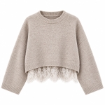 Beige Knit Sweater With Lace Hem