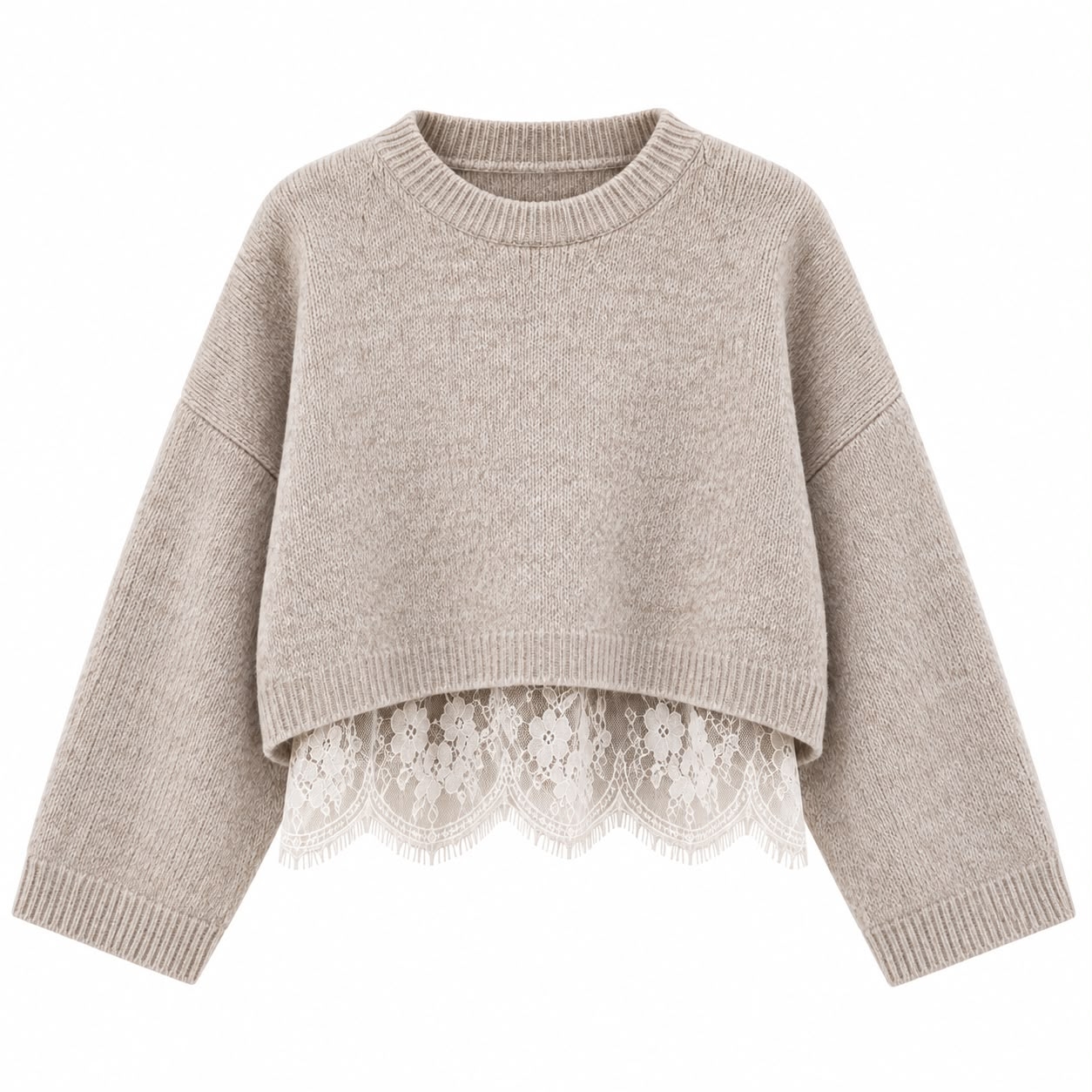 a433df5b-a904-41c5-8ffb-3d353872b8ca Beige Knit Sweater With Lace Hem - Image 1
