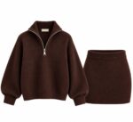 Brown Knit Half Zip Sweater Skirt Set
