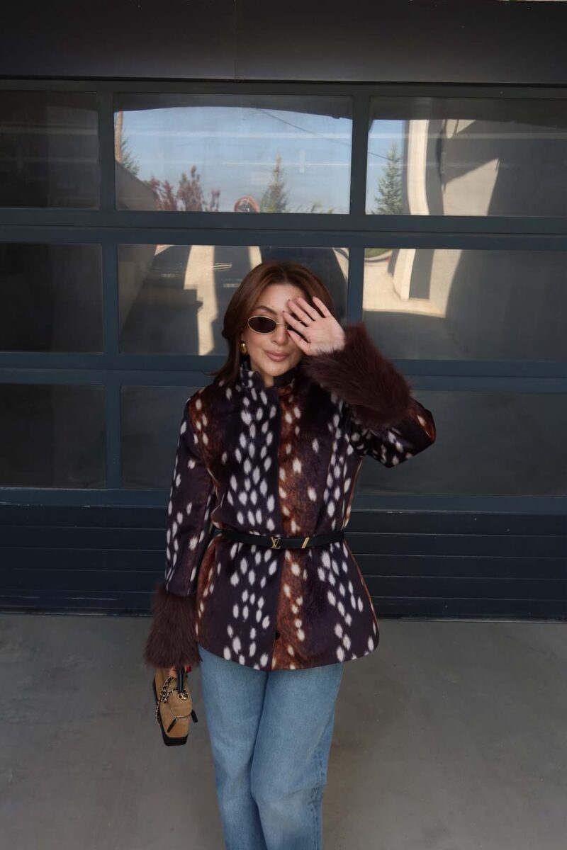 Brown Fawn Print Fur Trimmed Jacket - Image 3
