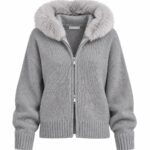 Gray Knit Zip Hoodie With Faux Fur Collar