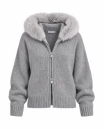 Gray Knit Zip Hoodie With Faux Fur Collar