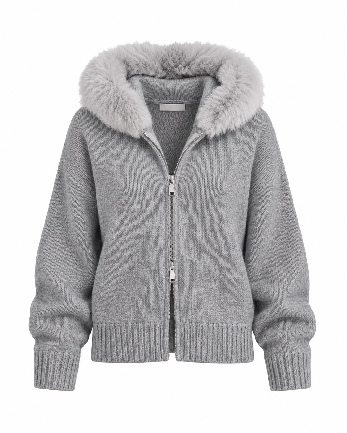 c108bd76-f976-48c1-8667-1617cf83d646 Gray Knit Zip Hoodie With Faux Fur Collar - Image 1