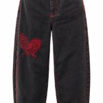Black Wide Leg Jeans With Red Heart Embroidery