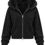Black Knit Jacket With Faux Fur Hood