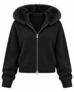 Black Knit Jacket With Faux Fur Hood