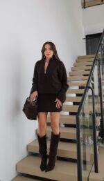 Brown Knit Half Zip Sweater Skirt Set - Image 2