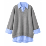 Gray Knit Sweater With Blue Shirt Layer