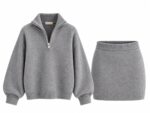 Gray Knit Half Zip Sweater Skirt Set