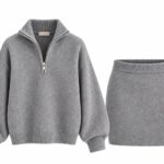 Gray Knit Half Zip Sweater Skirt Set