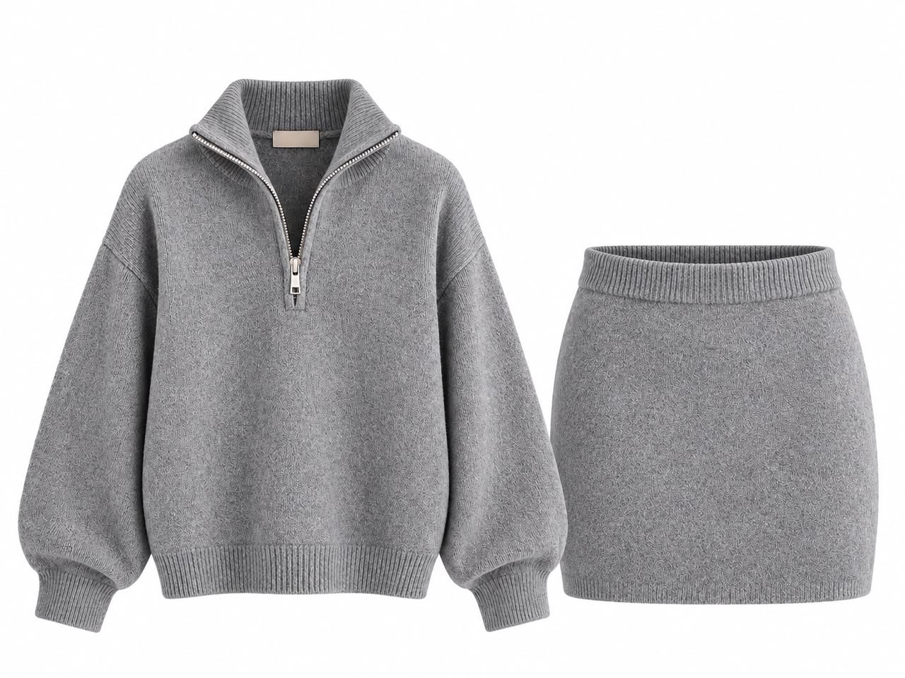 f11ddf06-c305-4c3a-9a01-98e8593bfd7b Gray Knit Half Zip Sweater Skirt Set - Image 1