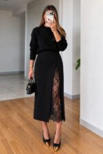 Black Midi Skirt With Lace Panel - Image 2