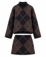 Brown Argyle Knit Sweater and Skirt Set