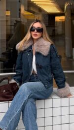 Denim Jacket With Faux Fur Collar and Cuffs - Image 2