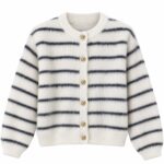 White Striped Knit Cardigan with Gold Buttons