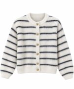 White Striped Knit Cardigan with Gold Buttons