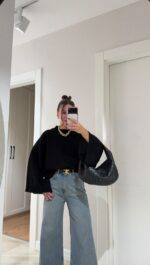 Black Oversized Ribbed Knit Sweater - Image 2