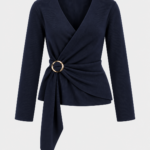 Navy Wrap Blouse With Gold Ring Detail